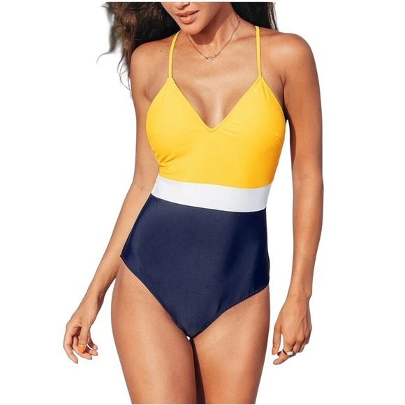 Cupshe Other - Cupshe Color Block One Piece Swimsuit Yellow Blue Crisscross Back Strap